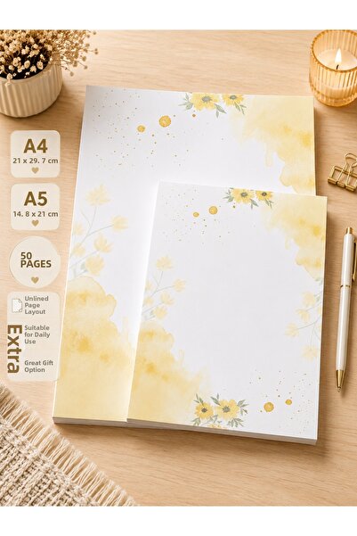 Miray Craft Yellow Floral Patterned Set of 2 (A4-A5) Notepad - Notepad - Memo...