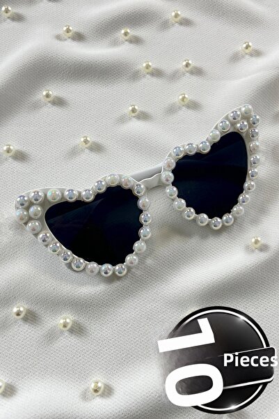 ZEYMERADE White Janjanli Pearl Heart Bride Groom Glasses, 10 Pieces Bride Bri...