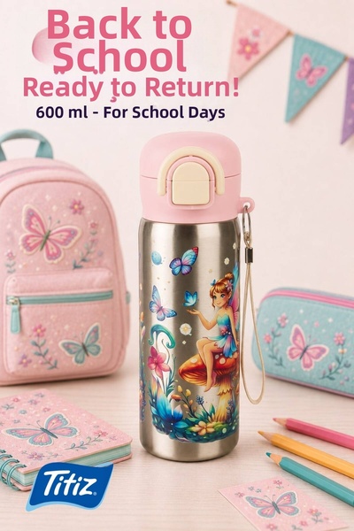 Titiz Siply Patterned Stainless Steel School Water Bottle 600ml