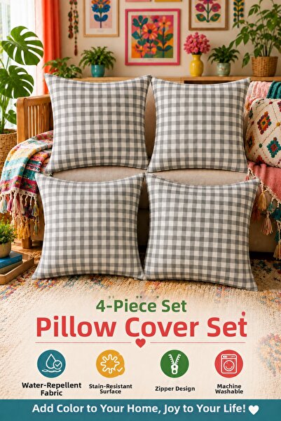 Soft Kare Set of 4 Colorful Gingham Cushion Covers 43X43 cm – Liquid-Proof an...