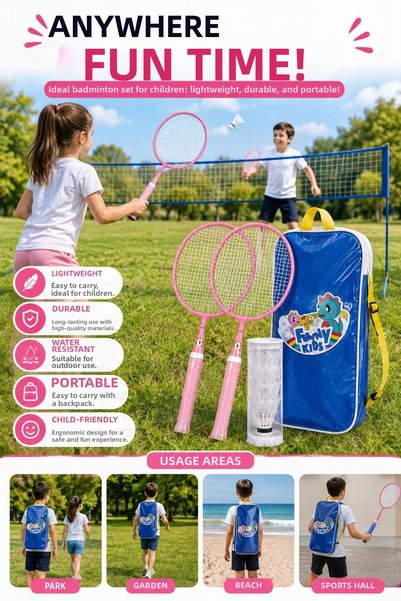 Leyaton Set rachete de badminton pentru copii Set cu 2 rachete și mingi cu rucsac