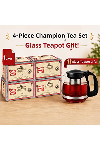 Champion أكياس شاي 100 × 3.2 جرام × 4 قطع (شاي سيلاني) إبريق شاي زجاجي مع هدية