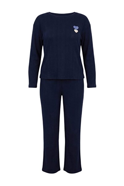 Trendyol Collection Navy Blue Heart Embroidered Camisole Knitted Pajama Set T...