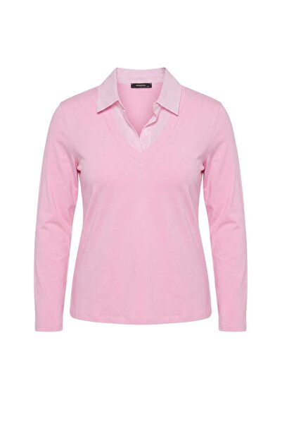 Trendyol Curve Pink Lycra Combed Cotton Single Jersey Knitted Plus Size Blouse