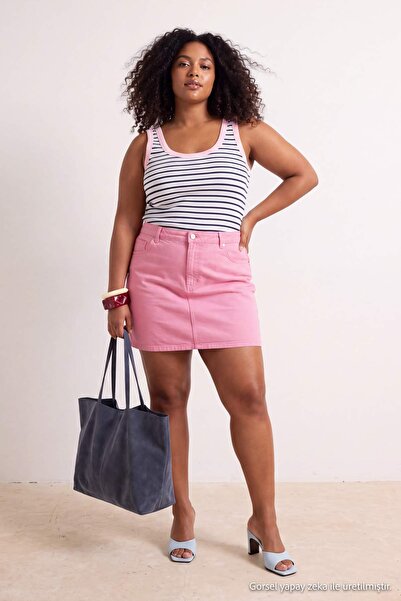 Trendyol Curve Pink High Waist 100% Cotton Non-Stretch a Shape Denim Skirt Tb...