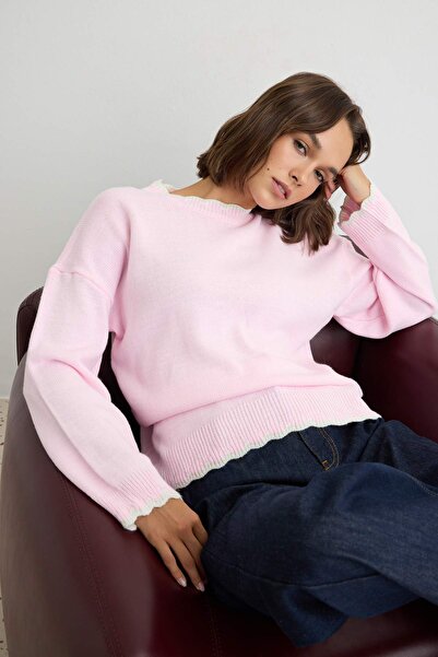 Trendyol Collection Pink Wavy Contrast Collar Knitwear Sweater Twoaw27Kz00223