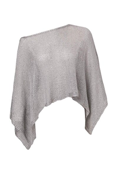 Trendyol Collection Gray Boat Neck Glitter Detailed Cape Knitwear Sweater Two...