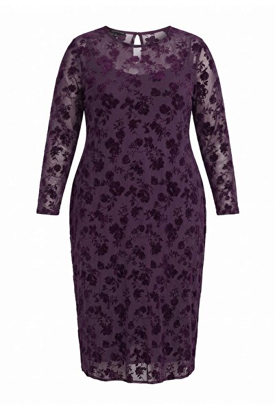 Trendyol Curve Purple Crew Neck A-Line Floral Patterned Maxi Plus Size Knitte...