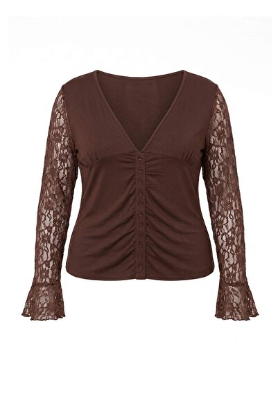 Trendyol Curve Brown V-Neck Button Detail Ruched Sleeves Plus Size Blouse Tbb...