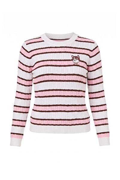 Trendyol Collection Ecru Embroidery Detailed Striped Knitwear Sweater Twoaw27...