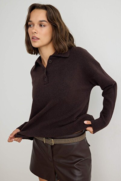Trendyol Collection Brown Soft Textured Wide Fit Wool Special Quality Knitwea...