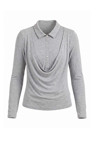 Trendyol Collection Gray Melange Transparent Fitted Polo Collar Buttoned Flow...
