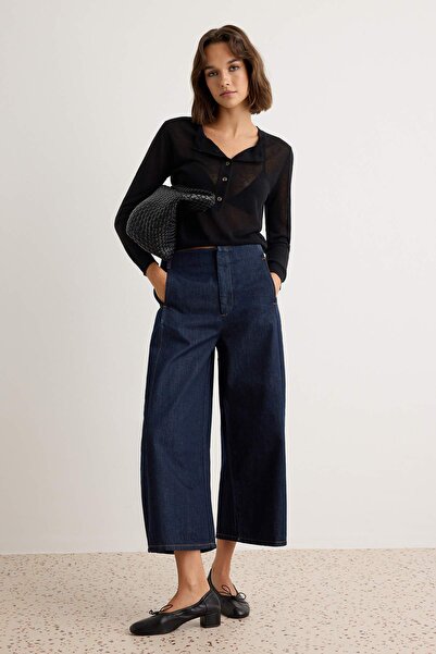 Trendyol Collection Dark Blue Waist Detailed 100% Cotton High Waist Barrel Je...