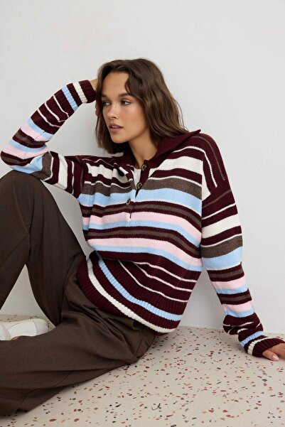 Trendyol Collection Plum Polo Collar Oversize Low Sleeve Knitwear Sweater Two...