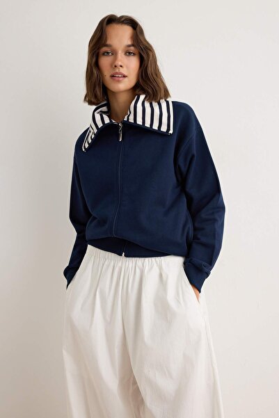 Trendyol Collection Navy Blue Thick Zippered Striped Turn-Down Collar Detaile...