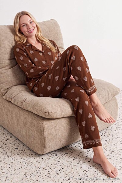 Trendyol Collection Brown Viscose Heart Belmando Woven Pajama Set Thmaw26Pt00025