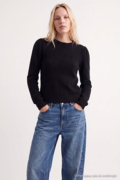 Trendyol Collection Black Soft Textured Balloon Sleeve Fitted Knitwear Sweate...