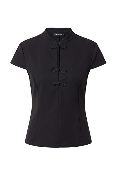 Trendyol Collection Black Accessory Closure Detailed Woven Blouse Twoaw27Bz00271