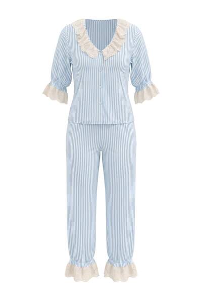 Trendyol Collection Blue Striped Viscose Woven Pajamas Set Thmaw27Pt00115