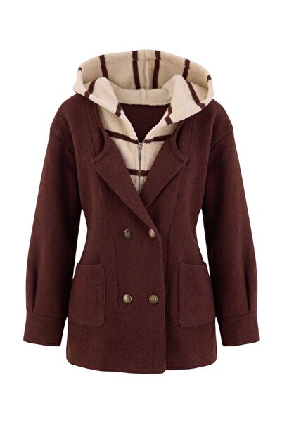 Trendyol Collection Brown Zippered Color-Blocked Premium Yarn Wide-Fit Coat-L...