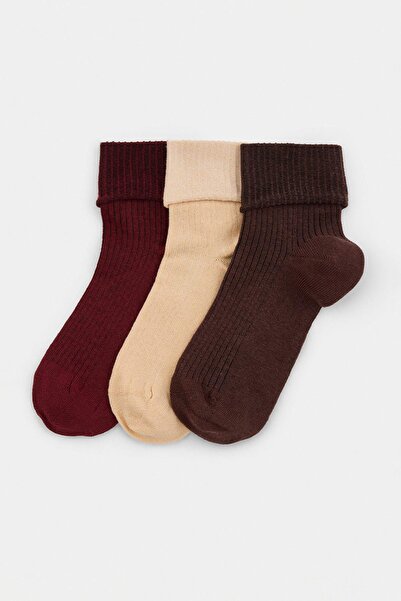 Trendyol Collection Șosete tricotate jacquard uni, maro-visiniu, pachet de 3 ...