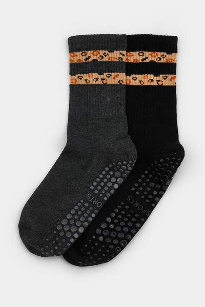 Trendyol Collection Black-Anthracite 2-Piece Striped Jacquard Knitted Socks T...