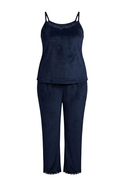 Trendyol Curve Navy Blue 3-Piece Dowry Set Lace Detailed Velvet Knitted Dress...