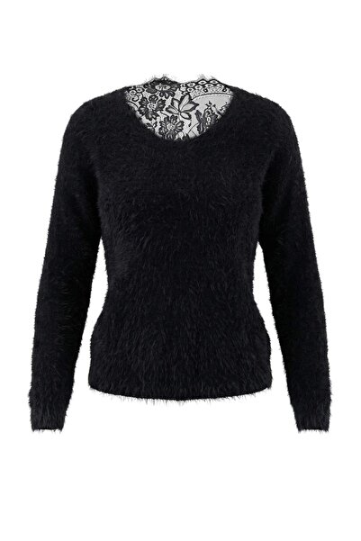 Trendyol Collection Black Soft Lace Detailed Oversize Knitwear Sweater Twoaw2...