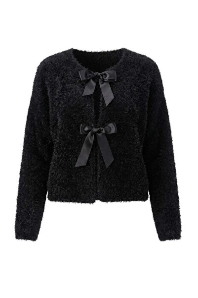 Trendyol Kollektion Schwarzer Strick-Cardigan mit Bandbindung am Kragen TWOAW...
