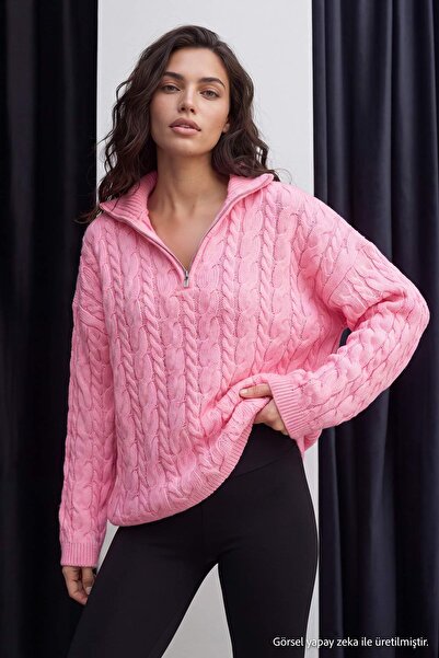 Trendyol Kollektion Rosafarbener, superweiter Strickpullover mit Reißverschlu...