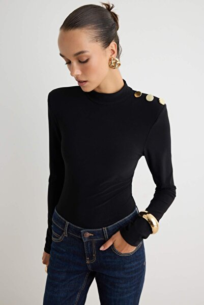 Trendyol Collection Black Stand Collar Gold Button Detailed Padded Knitted Sn...