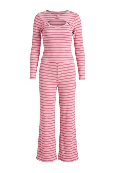 Trendyol Collection Pink 3-Piece Striped Bolero Viscose Ribbed Knitted Pajama...