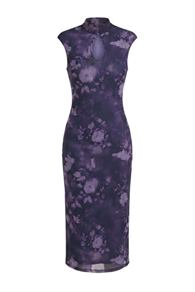 Trendyol Collection Rochie tricotată maxi, mov, cu flori, mulată pe corp, cu ...