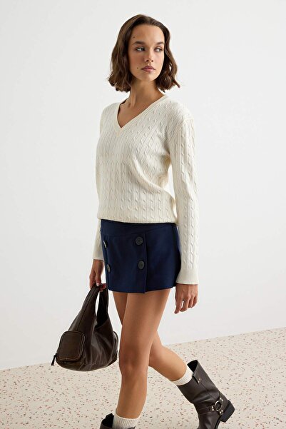 Trendyol Collection Ecru More Sustainable Hair Knit V-Neck Oversize Sweater T...