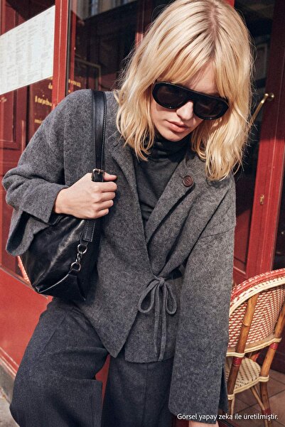Trendyol Collection Anthracite Soft Textured Coat-Looking Knitwear Cardigan T...