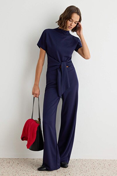Trendyol Collection Navy Blue Plain Bodycon Tie-Up Tube Leg Thick Flexible Kn...