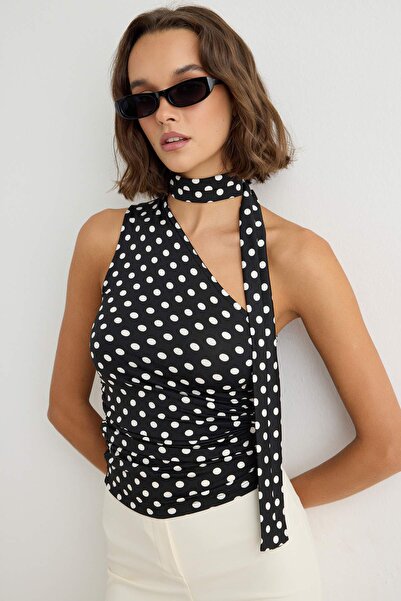 Trendyol Collection Black Ecru Polka Dot Bodycon Asymmetric Shawl Collar Slee...