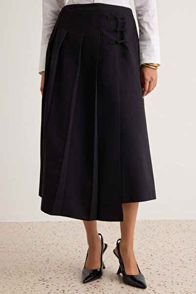Trendyol Collection Black Chinese Style Pleated Long Skirt with Closure Detai...