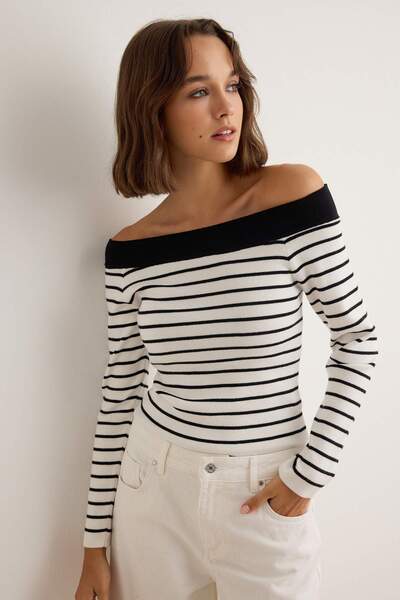 Trendyol Collection Black Carmen Collar Striped Knitwear Sweater Twoaw27Kz00249