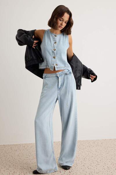 Trendyol Collection Light Blue 100% Tencel Blouse Wide Leg Jeans Denim Bottom...