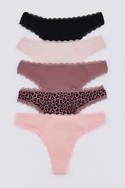 Trendyol Collection Brown-Multicolor 5-Piece Single Jersey Animal Thong Panti...