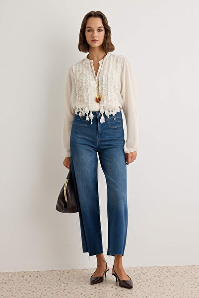 Trendyol Collection Dark Blue Medium Stretch High Waist Culotte Jeans with Po...
