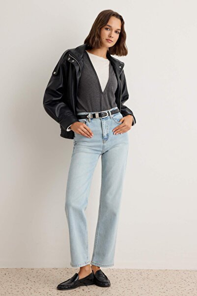 Trendyol Collection Ice Blue Low Stretch High Waist Slim Straight Jeans Twoaw...