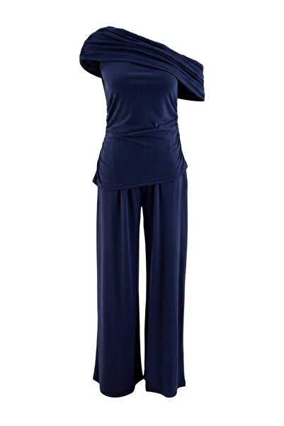 Trendyol Collection Navy Blue Fitted/Asymmetrical Collar Gathered Modal Fabri...