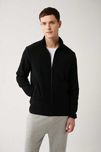 Avva Men's Black Stand Collar Cold Resistant Zippered Fleece Sweatshirt E 001069