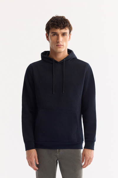 Avva Men's Navy Blue Hooded Raised 3 Thread Cotton Sweatshirt E 001018