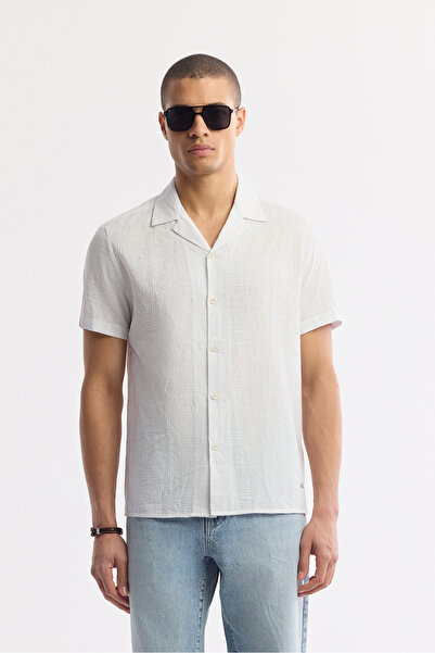 Avva Men's White Apaj Collar Patterned 100% Cotton Short Sleeve Regular Fit S...