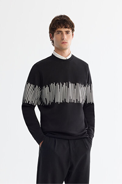 Avva Erkek Siyah Bisiklet Yaka Pamuklu Çizgili Sweatshirt B001203