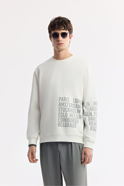 Avva Erkek Beyaz Bisiklet Yaka Baskılı Bi-Stretch İnterlok Regular Fit Sweats...
