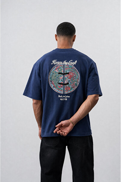 Respire Men's Craft Embroidery Detailed Oversize T-Shirt Navy Blue
